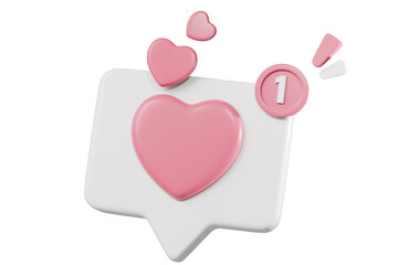 3d Hearth bubble icon with notification new message sign icon. Minimal Cartoon 3d Hearth with notification red bubble unread icon. Valentine concept 3d icon. isolated pink background. 3d rendering.
