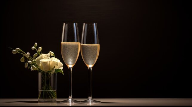  two champagne flutes sitting next to a vase with flowers in it and a vase with flowers in it on a table.