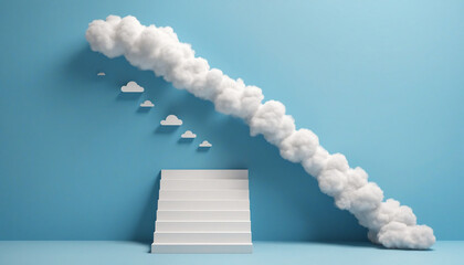 Abstract minimalist design with blue background, stairs, and white clouds emerging from a tunnel.