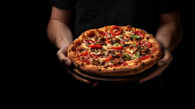 A man's hands holding a delicious vegetarian pizza with fresh toppings on dark background