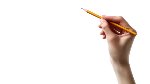 Picture of a raising hand holding a pencil isolated