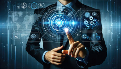Fototapeta premium A businessman touches a high-tech holographic interface displaying gears and data analytics, symbolizing modern business solutions.