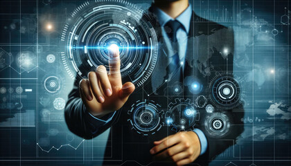 A businessman touches a high-tech holographic interface displaying gears and data analytics, symbolizing modern business solutions.