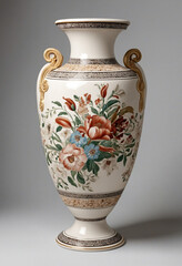 Exquisite vintage porcelain vase with antique stone design, photorealistic illustrations on a white backdrop.