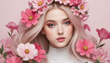 Girl surrounded by pink and white flowers illustration