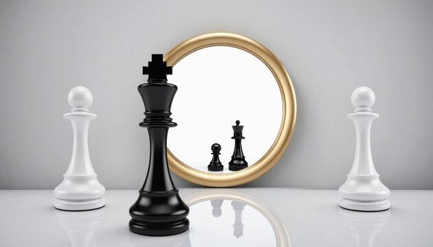 Digital rendering of a white pawn and king in front of a mirror, symbolizing contradiction and perceptual distortion in a minimalist design.