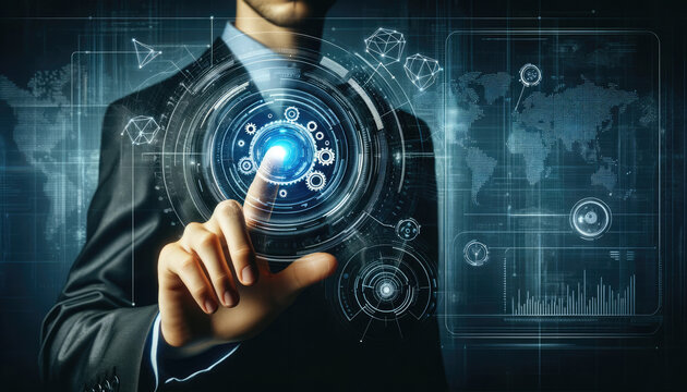 A businessman touches a high-tech holographic interface displaying gears and data analytics, symbolizing modern business solutions.