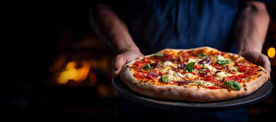 Delicious freshly baked pizza with tomatoes, cheese, and basil held by chef in a restaurant with a warm ambience