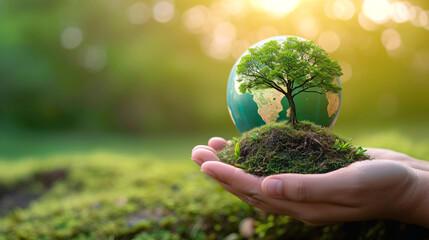 Human hand gently cradling a lush green miniature Earth adorned with a single tree, symbolizing ESG, CO2 reduction, and the quest for net zero - obrazy, fototapety, plakaty