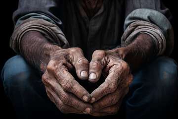 Fototapeta premium Closeup of a homeless man's old and dirty hands