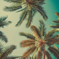 Fototapeta na wymiar Blue sky and palm trees view from below, vintage style, tropical beach, and summer background