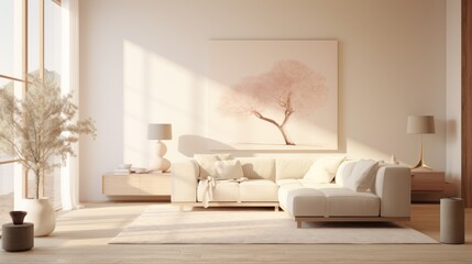  a living room with a large painting on the wall and a white couch in front of a large painting on the wall.