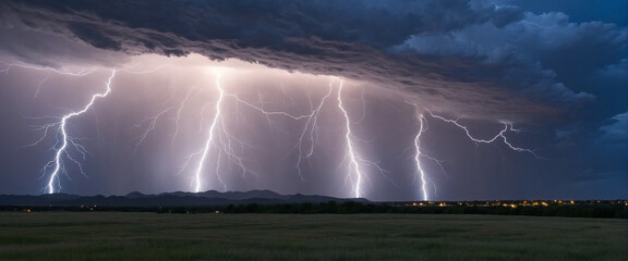 Lightning illuminates storm clouds, hidden by cloud paths