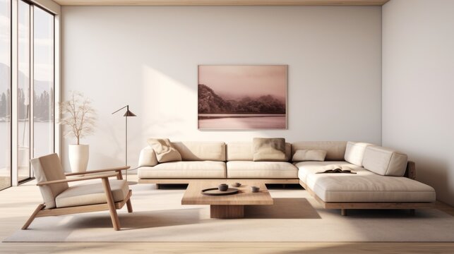  a living room with a couch, chair, coffee table and a painting hanging on the wall above the couch.