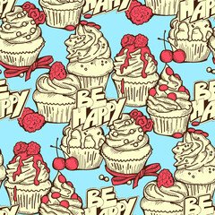 Tasty sweet cupcake dessert decorative seamless pattern for textile design, fabric print, digital or wrapping paper, wallpaper, background and backdrop, bakery shop decoration, cafe, restaurant menu.