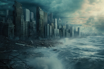 Large destruction of cities as a result of the tsunami. Destruction of a big city after natural disasters