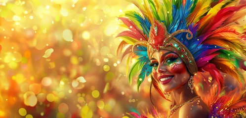 Fototapete Karneval Smiling woman in vibrant Brazilian carnival mask with colorful feathers and glitter makeup