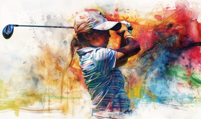 women golfer play ball illustration watercolor painting Generative AI