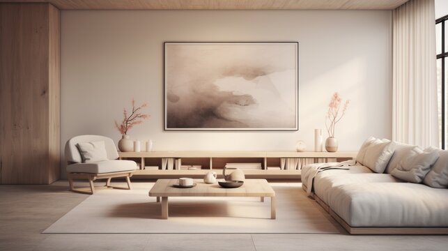  a living room with a couch, coffee table, and a painting on the wall in the corner of the room.