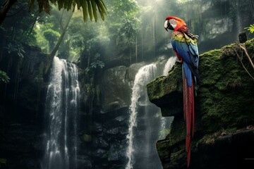A parrot perched near a rainforest waterfall. Generative AI