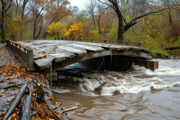 Flooding river creek destroyed a bridge after heavy rain flood water shows the forces of nature and the need for insurance against dangerous weather, windstorms, cyclones, tornados and hurricanes