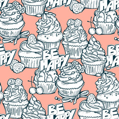 Tasty sweet cupcake dessert decorative seamless pattern for textile design, fabric print, digital or wrapping paper, wallpaper, background and backdrop, bakery shop decoration, cafe, restaurant menu.