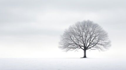  a lone tree stands in the middle of a snow - covered field on a gloomy, overcast day.