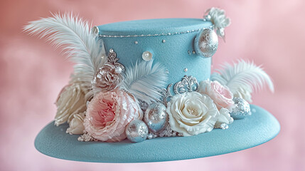 Blue hat decorated with silver easter eggs and roses.