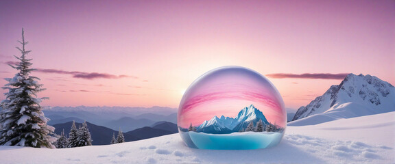 Crystal Ball on Snowy Mountain with Pink Sky - Perfect for Product Display Ads