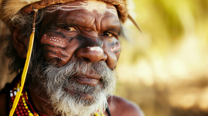 Close-up of Aboriginal man with thoughtful gaze, face painted with traditional markings, and adorned with ceremonial headdress.