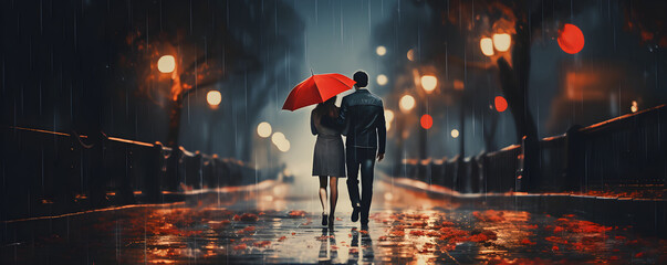 Fototapeta premium Silhouette of walking couple under umbrella in the night. Love in the rain, romantic scene. Man and woman walking through a night city. Valentine's day concept