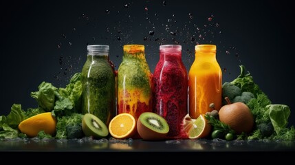  a group of fruits and vegetables sitting next to each other in front of a black background with a splash of water on them.