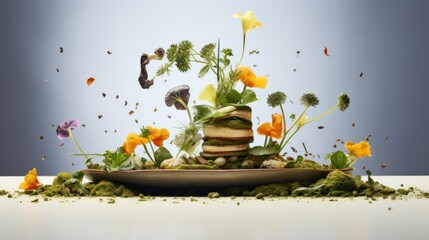  a plate that has some food on top of it in the middle of a pile of leaves and flowers on top of it.