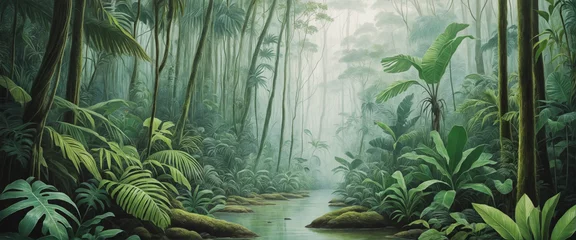  Rainforest, ecology, nature, bio-diversity background. Water color drawing of tropical rain forest. Extra wide format, hand edited generative ai.  © SR07XC3