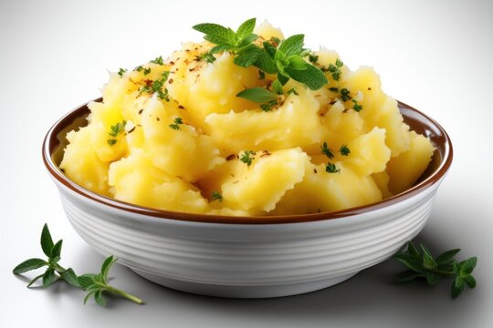 Mashed potatoes with parsley in a bowl isolated on white background
