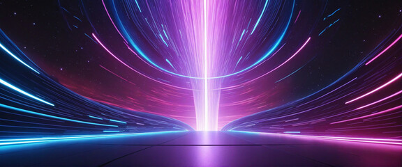 Neon Rays and Glowing Lines in Blue Pink, Speed of Light, Space-Time Vortex