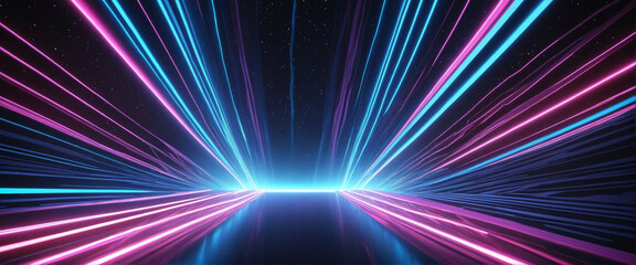 Neon Rays and Glowing Lines in Blue Pink, Speed of Light, Space-Time Vortex