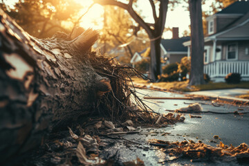 Concept of natural disasters. Fallen tree with roots after hurricane 