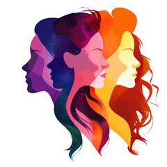 Overlapping silhouettes of diverse women in vibrant colors symbolize empowerment and strength in png