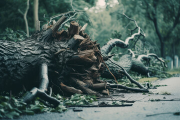 Concept of natural disasters. Fallen tree with roots after hurricane 