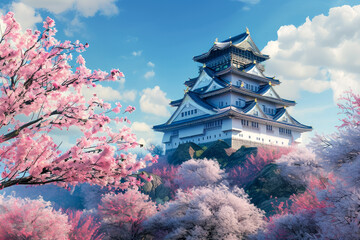 Obraz premium Japanese castle on a hill with cherry blossoms in the foreground