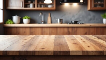Fototapeta na wymiar Empty Wooden Table Background Blurred Kitchen, Wooden Table