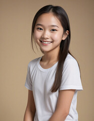 Portrait of a charming Asian teen in trendy outfit, flashing a smile