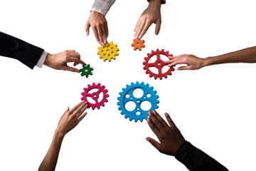 Business team connect pieces of gears as teamwork and partner