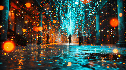 Rainy City Night, Illuminated Street with Wet Reflections, Autumnal Urban Landscape with Lanterns
