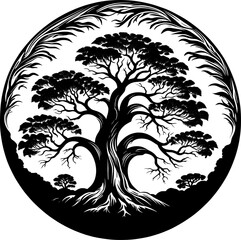 Circular silhouette of a majestic tree vector art style roots gripping tightly into the earth
