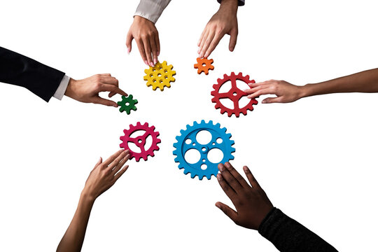 Business team connect pieces of gears as teamwork and partner