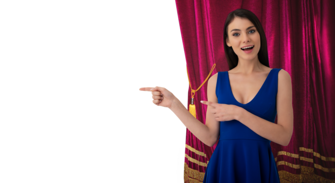 Pretty  woman in front of red curtains indicates something about the theater show