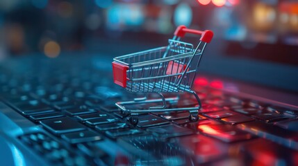 Illustration of internet shopping and online purchases concept, soft focus view of empty supermarket shopping cart on computer laptop keyboard background - obrazy, fototapety, plakaty
