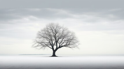  a lone tree stands alone in the middle of a frozen lake on a gloomy day with a gray sky in the background.